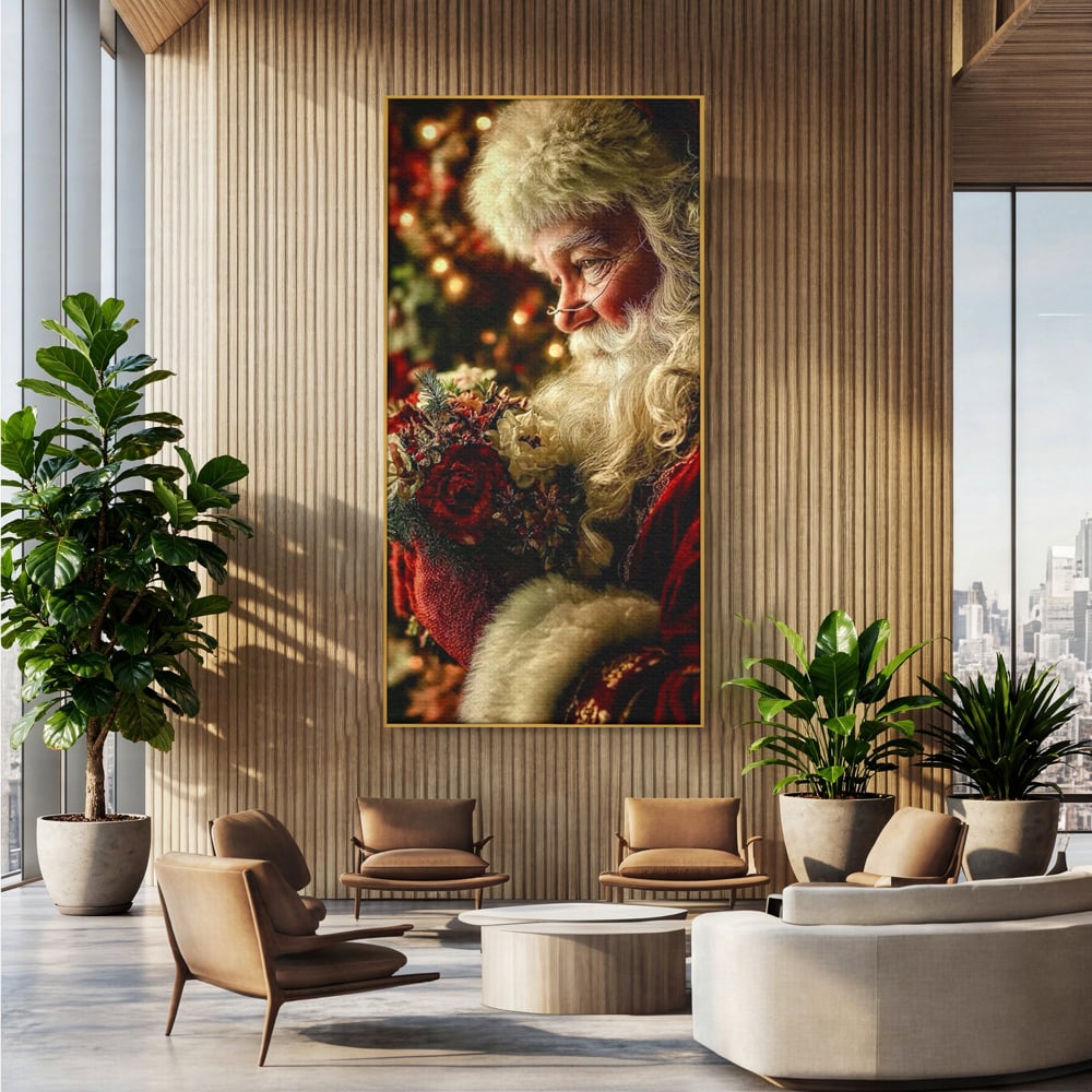 Tablou canvas cu portret ilustrativ cu mos craciun, in rama de aluminiu auriu, pe perete intr-un birou